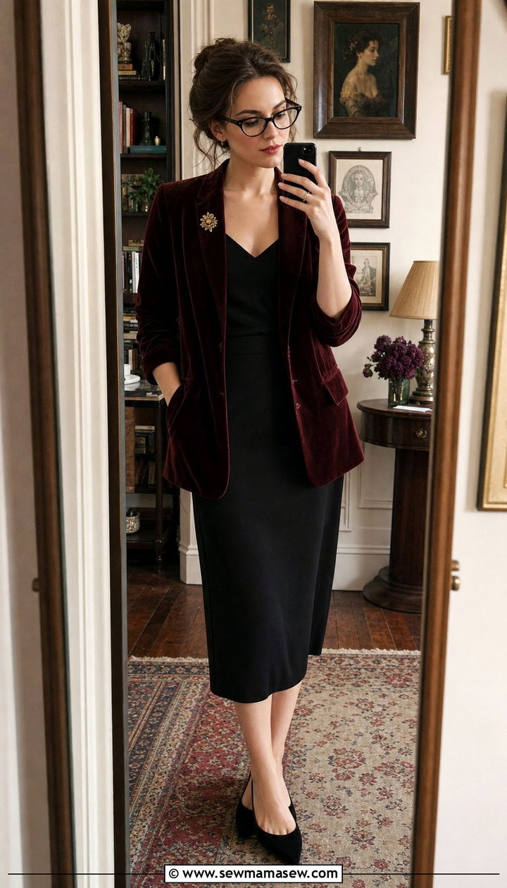 Velvet Blazer And Dark Midi Skirt With Pointed Flats - 25 cute librarian core outfits