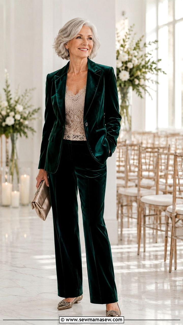 Velvet Blazer And Dressy Trouser Set For Wedding Guest - 20 Wedding guest outfit ideas for 70 year old