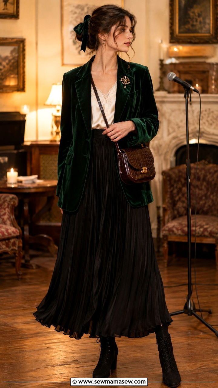 Velvet Blazer And Plisse Skirt Outfit - 20 poetcore outfits 2026