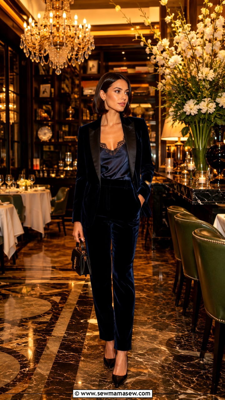 Velvet Blazer And Tailored Trousers Set - 30 Party outfits for petite women