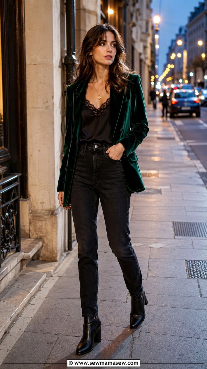 Velvet Blazer Lace Cami And Dark Denim - 25 poetcore outfits