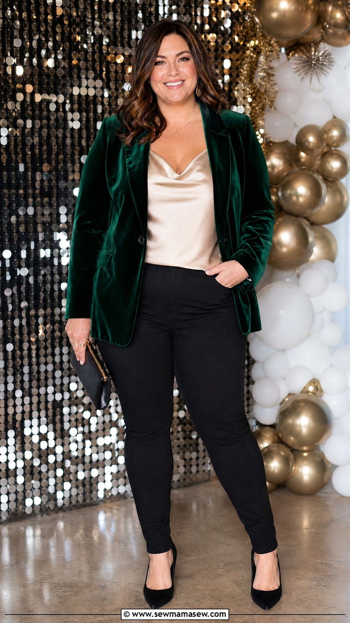 Velvet Blazer Over A Silk Camisole With Skinny Trousers And Pumps - 35 Midsize capsule wardrobe