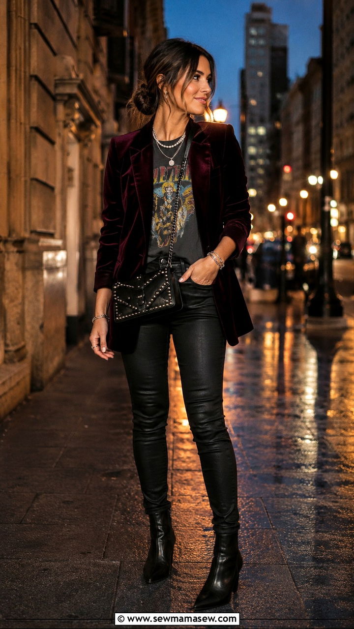 Velvet Blazer Over Band Tee and Jeans - 30 Mysterious spring outfit ideas