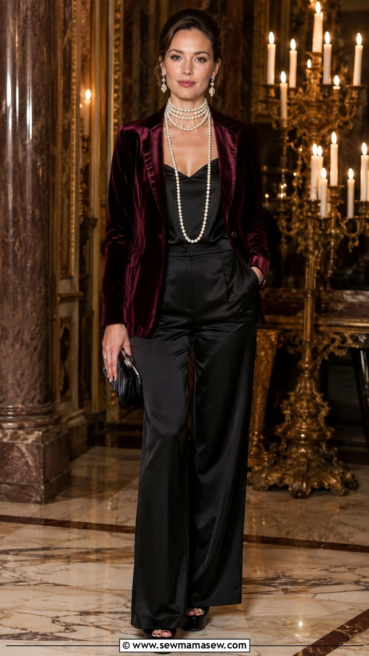Velvet Blazer Silk Pants Pearl Set Old Money - 25 Old money outfit ideas with pearls