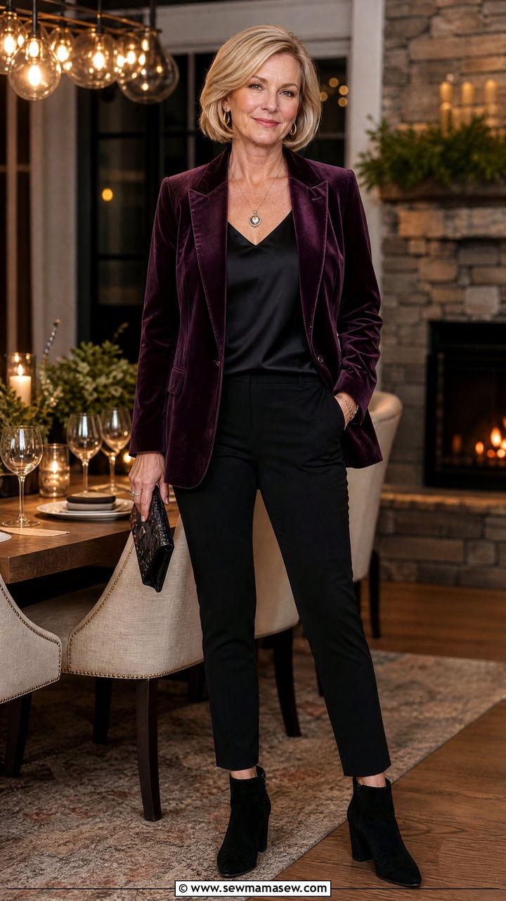 Velvet Blazer With Black Pants And Ankle Boots - 35 Going out outfit ideas women over 50