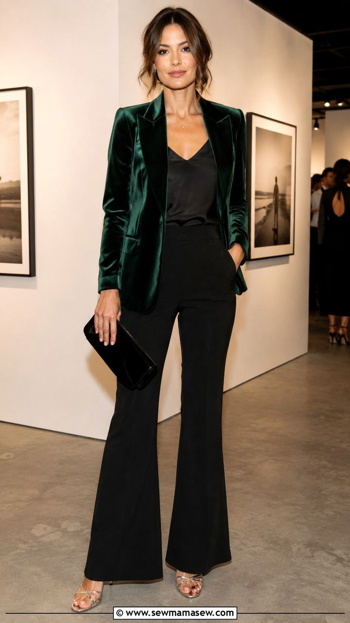 Velvet Blazer With Black Trousers and Metallic Heels - 20 Photography exhibit outfit ideas