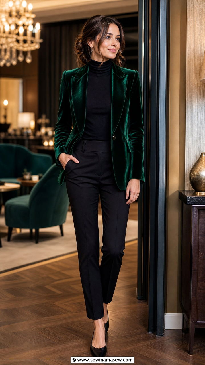 Velvet Blazer With Black Turtleneck And Tailored Trousers - 35 Hygge outfit ideas