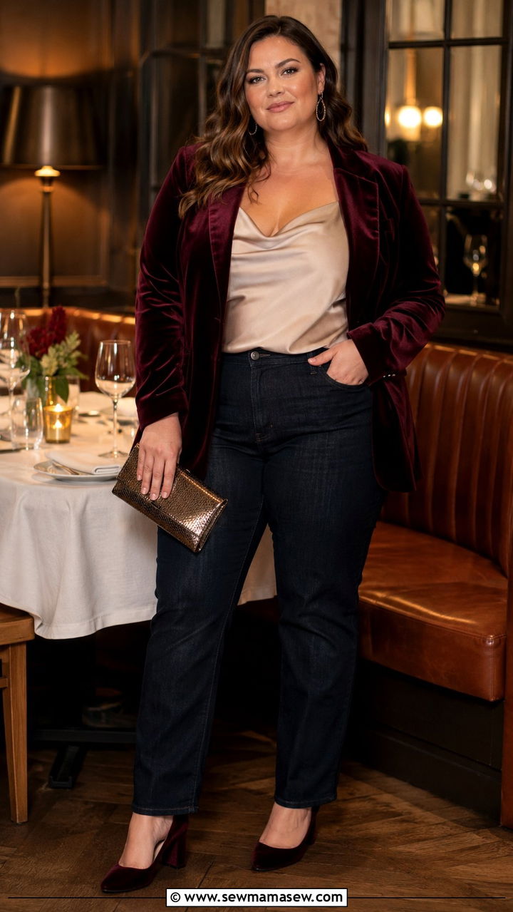 Velvet Blazer With Dark Denim And Silk Cami - 30 Plus size outfit ideas with blazer
