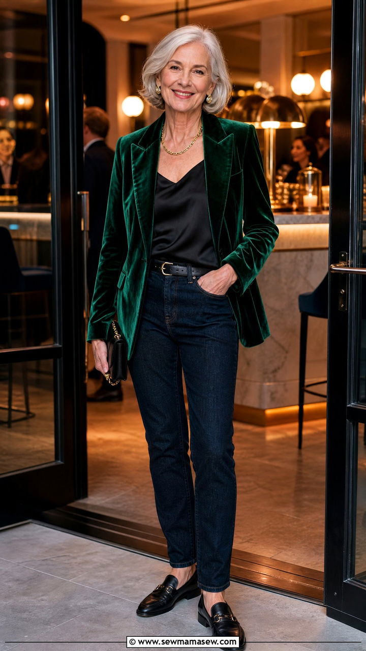 Velvet Blazer With Dark Jeans For Women Over 60 - 30 Going out outfit ideas women over 60