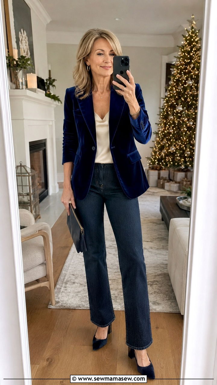 Velvet Blazer With Dark Jeans Party Look - 30 Party outfits for women over 50