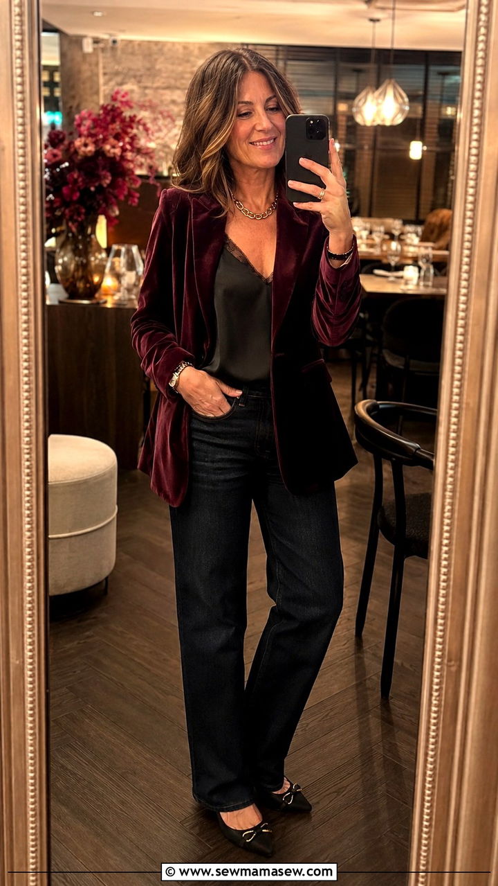 Velvet Blazer With Dark Jeans - 25 Birthday outfit ideas for women over 40