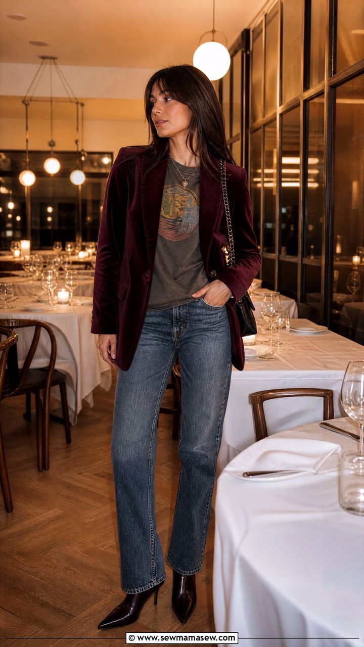 Velvet Blazer With Graphic Tee And Straight Leg Jeans - 25 Indie girl outfit ideas 2026