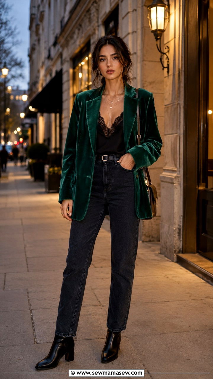 Velvet Blazer With Lace Cami And Dark Denim - 25 poetcore outfits ideas