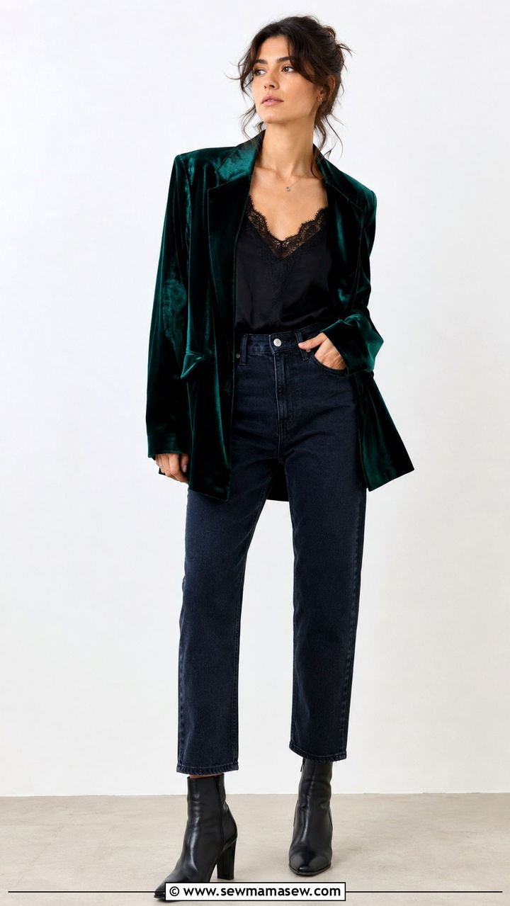 Velvet Blazer With Lace Cami and Dark Denim - 20 Poetcore outfit ideas Dead Poets Society vibe