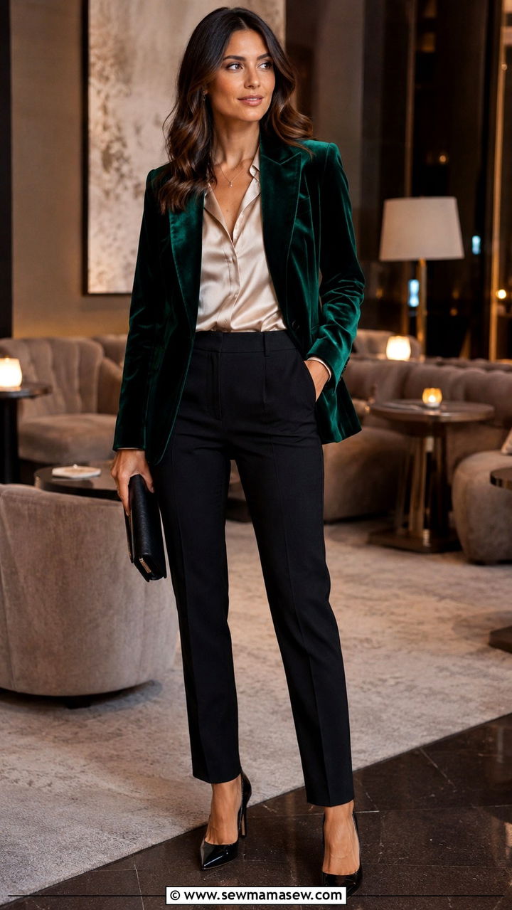Velvet Blazer With Satin Blouse And Tailored Trousers - 30 Preppy work outfits