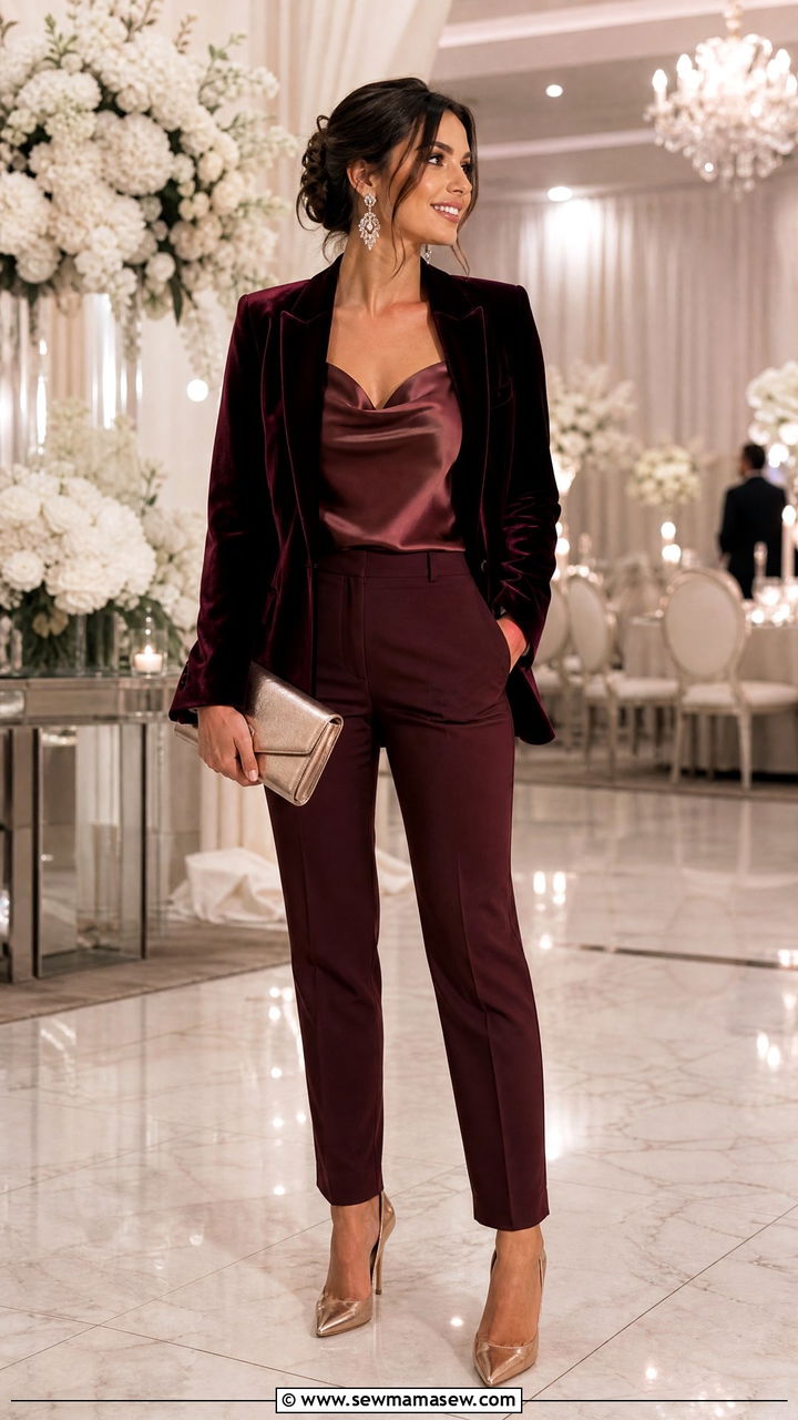 Velvet Blazer With Silk Cami and Trousers - 30 Cocktail wedding guest outfits