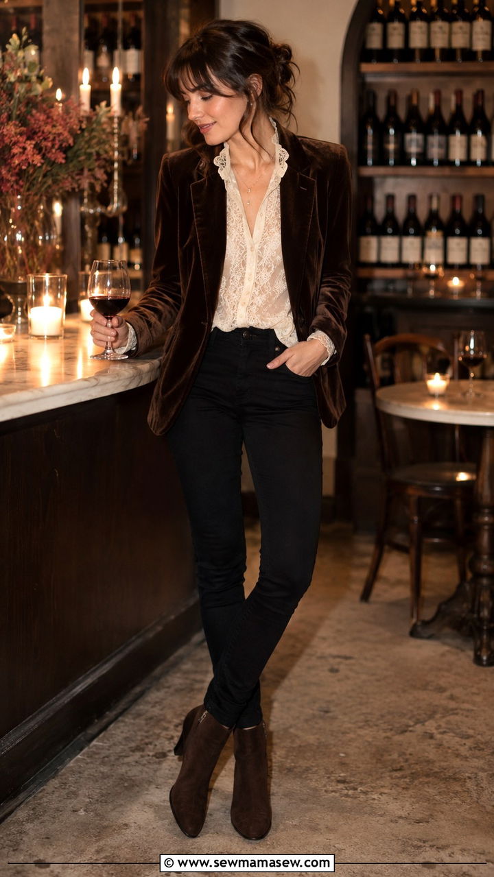 Velvet Blazer With Skinny Jeans and a Lace Collar Blouse - 30 casual poetcore outfits