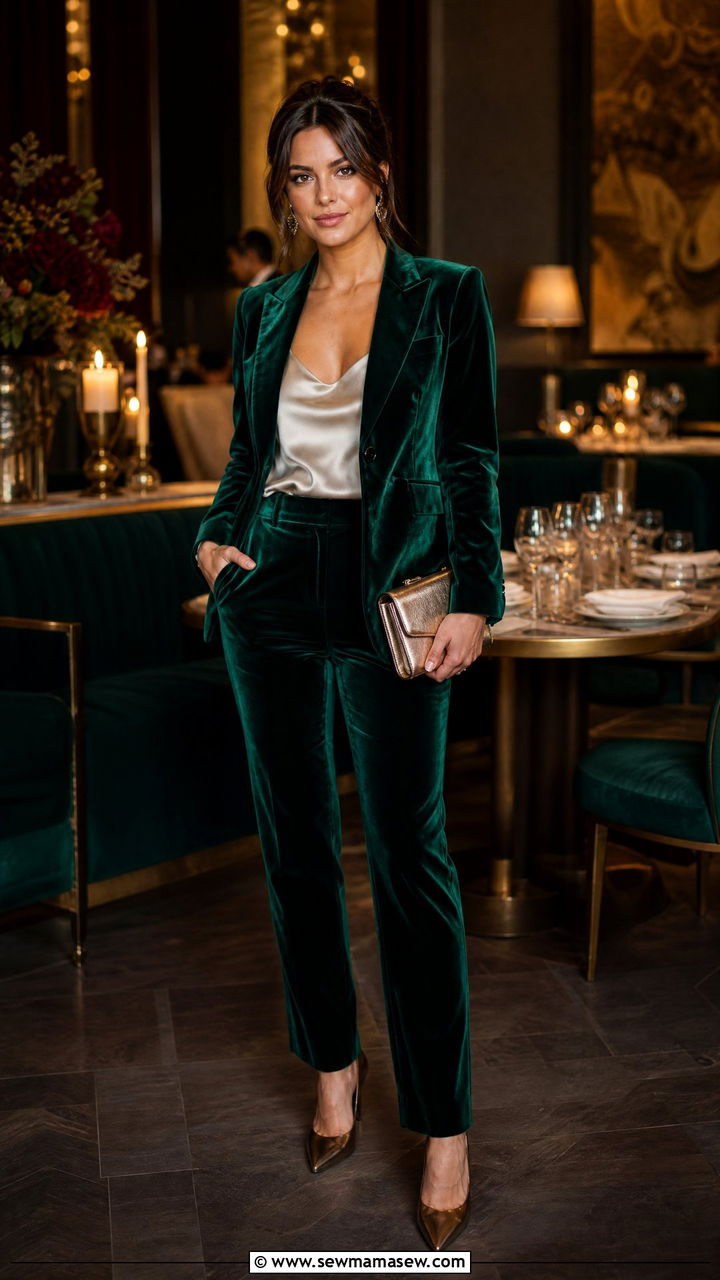 Velvet Blazer With Tailored Trousers - 25 seasonal dinner outfit ideas