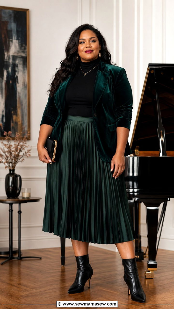 Velvet Blazer With Turtleneck And Pleated Midi Skirt - 30 Plus size concert outfit ideas