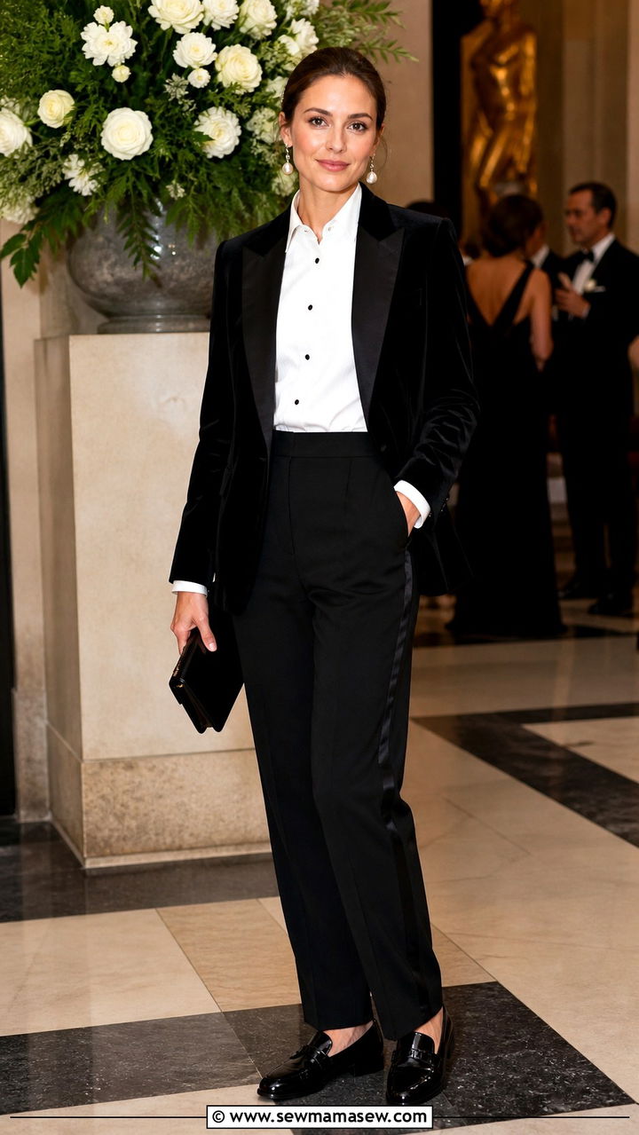 Velvet Blazer With White Shirt And Tuxedo Trousers - 40 old money outfits