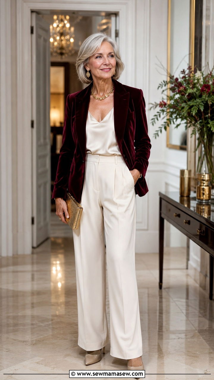Velvet Blazer With Wide Leg Trousers - 30 Party outfits for women over 60