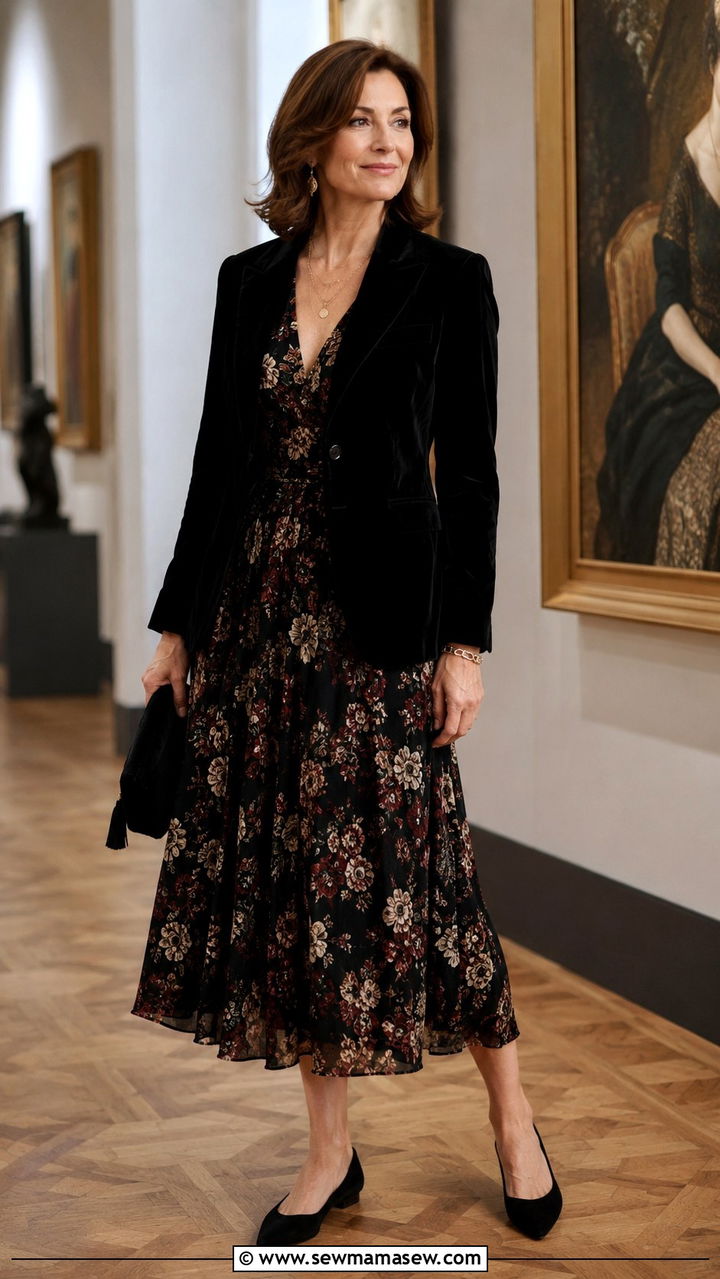 Velvet Blazer and Dark Floral Midi Dress with Pointed Toe Flats - 20 dark academia outfit ideas for women over 40