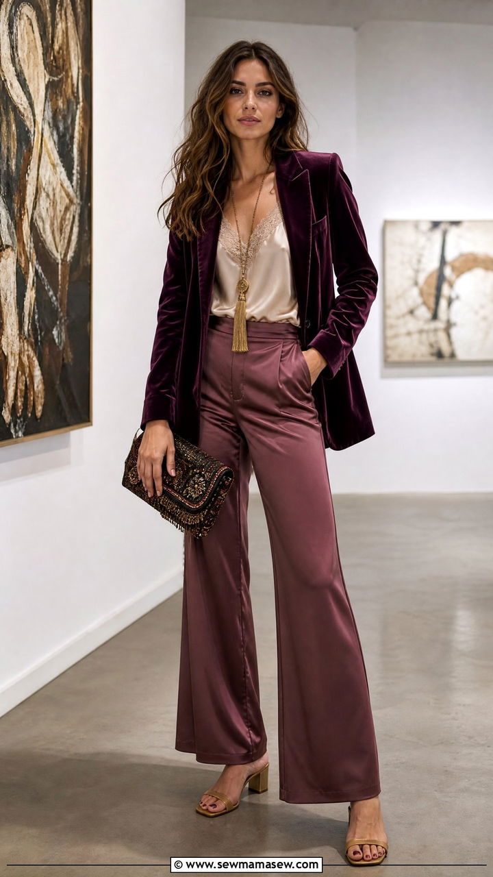 Velvet Blazer and Flared Satin Trousers - 25 Boho outfit ideas 60s style