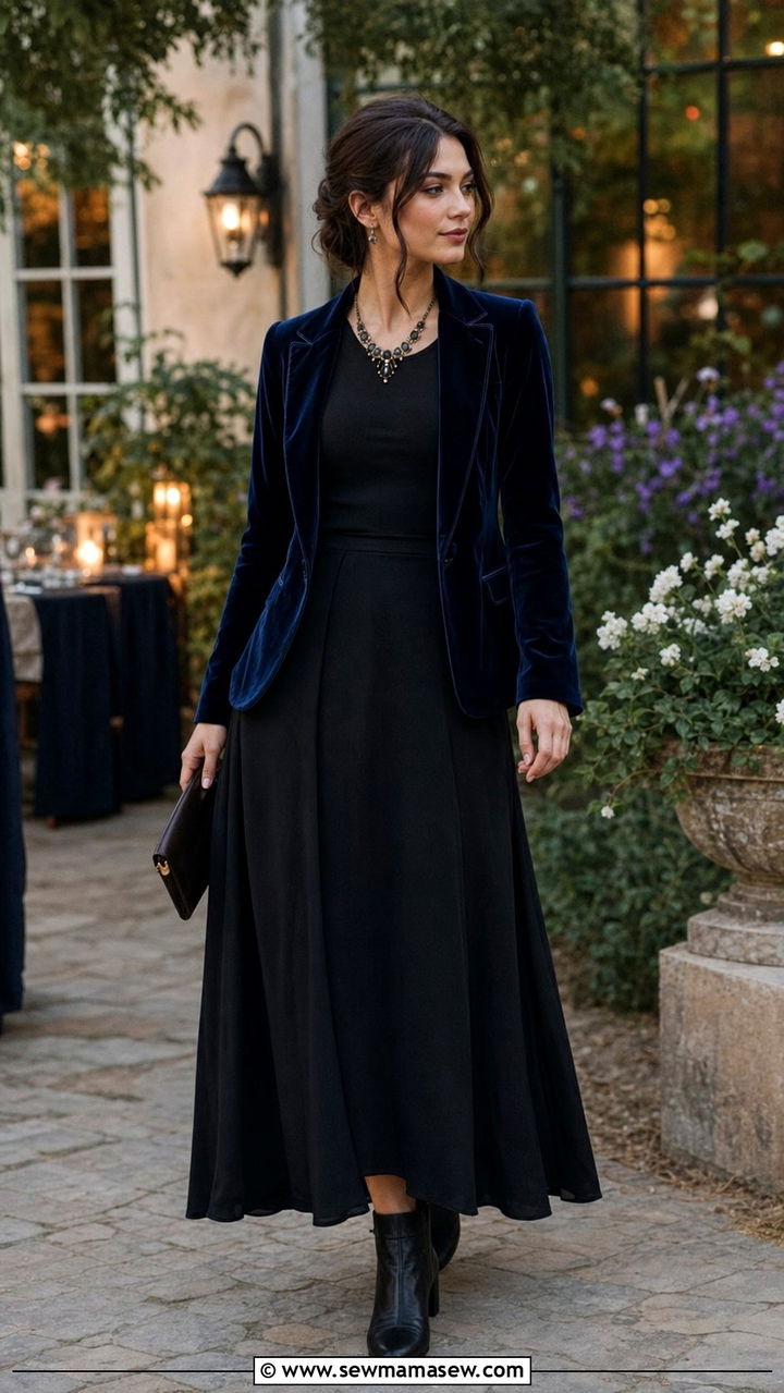 Velvet Blazer and Maxi Skirt - 25 spring dark academia outfits