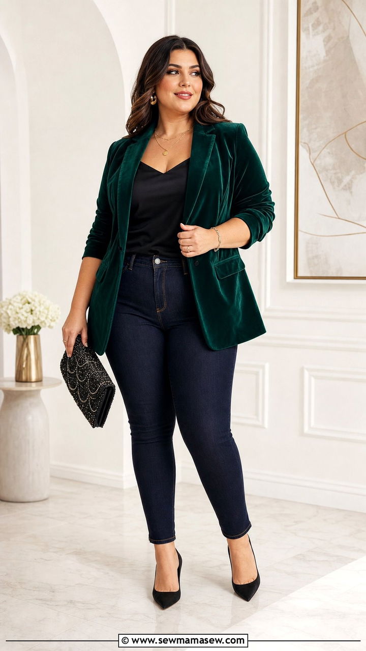Velvet Blazer and Skinny Jeans - 35 Brunch outfits for plus size