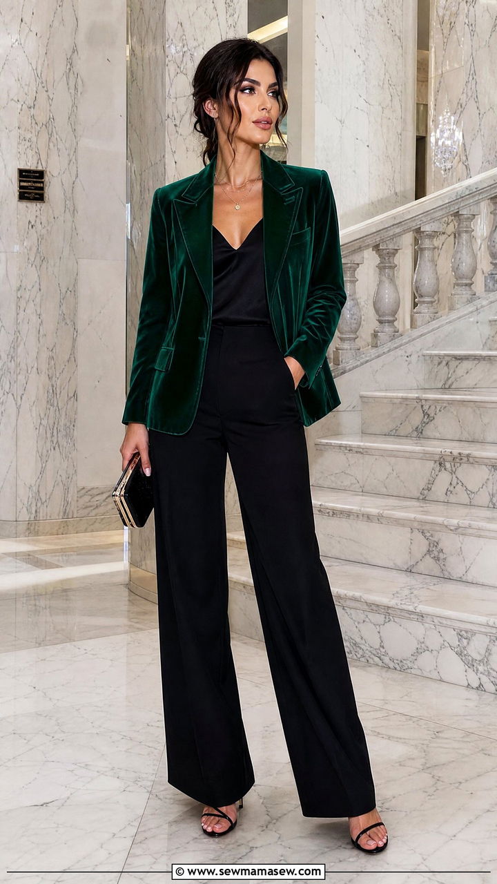 Velvet Blazer and Tailored Trousers With Heeled Sandals - 25 Glasgow outfit ideas