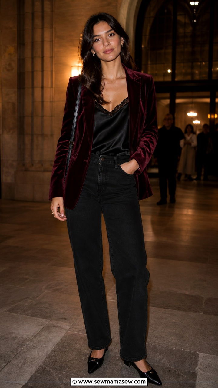 Velvet Blazer with Black Jeans - 40 college outfits