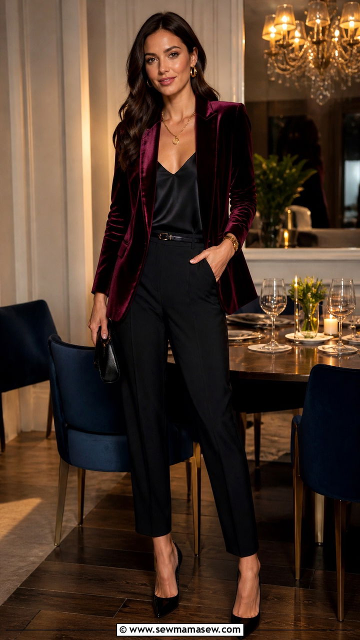 Velvet Blazer with Black Trousers - 40 classy dinner outfit ideas