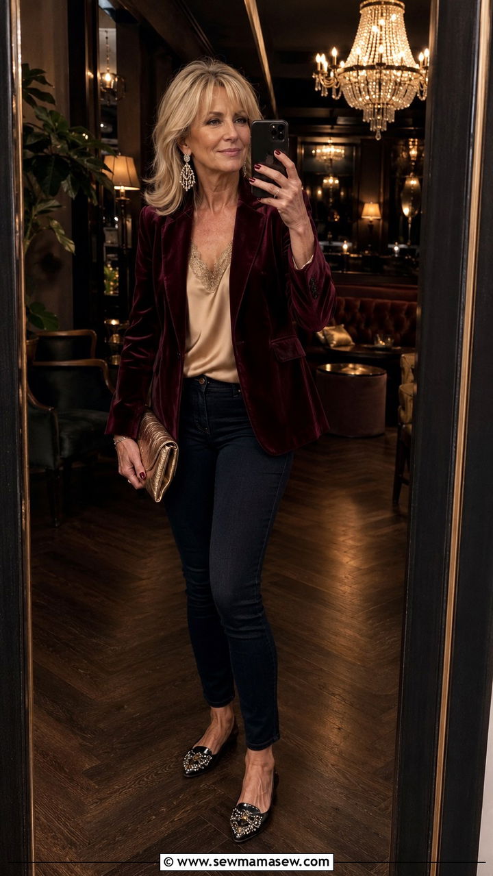 Velvet Blazer with Dark Jeans - 30 Outfit ideas for boomer women