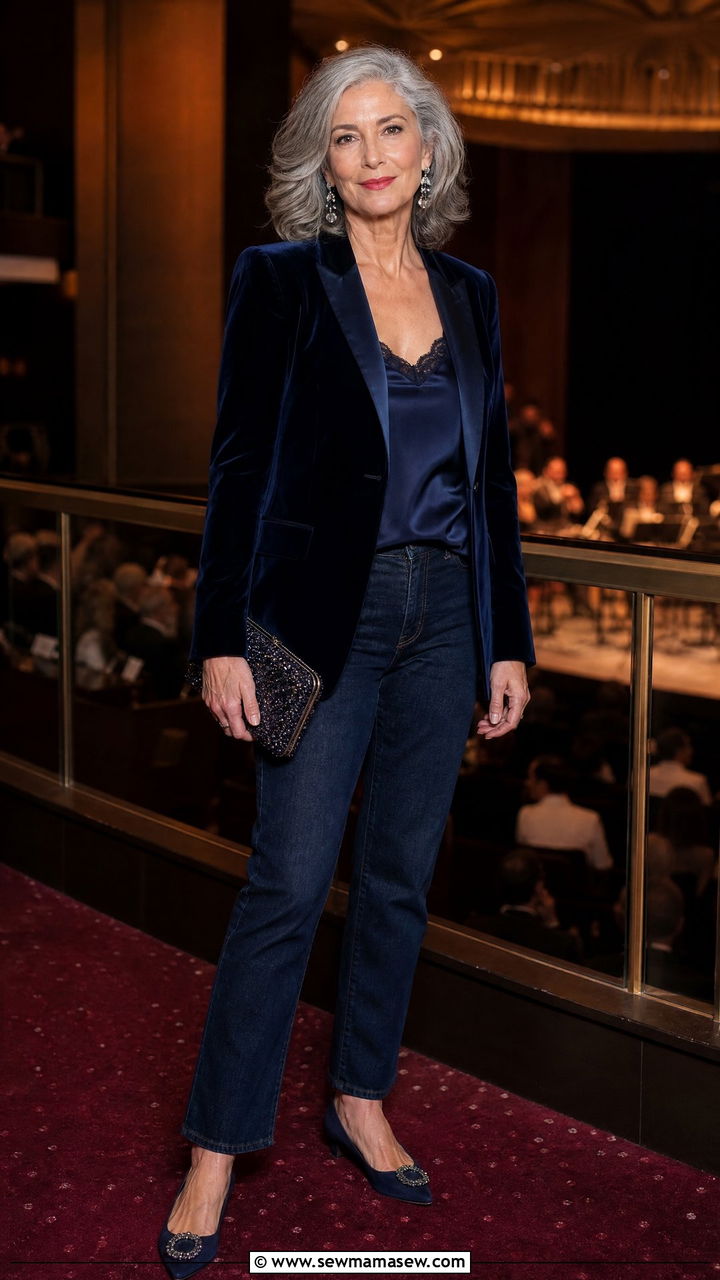 Velvet Blazer with Dark Wash Straight Leg Jeans - 30 Concert outfits for women over 50