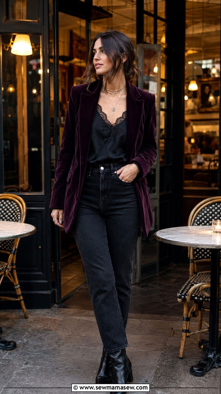Velvet Blazer with Lace Cami and Tailored Denim - 30 Romantic academia outfit ideas