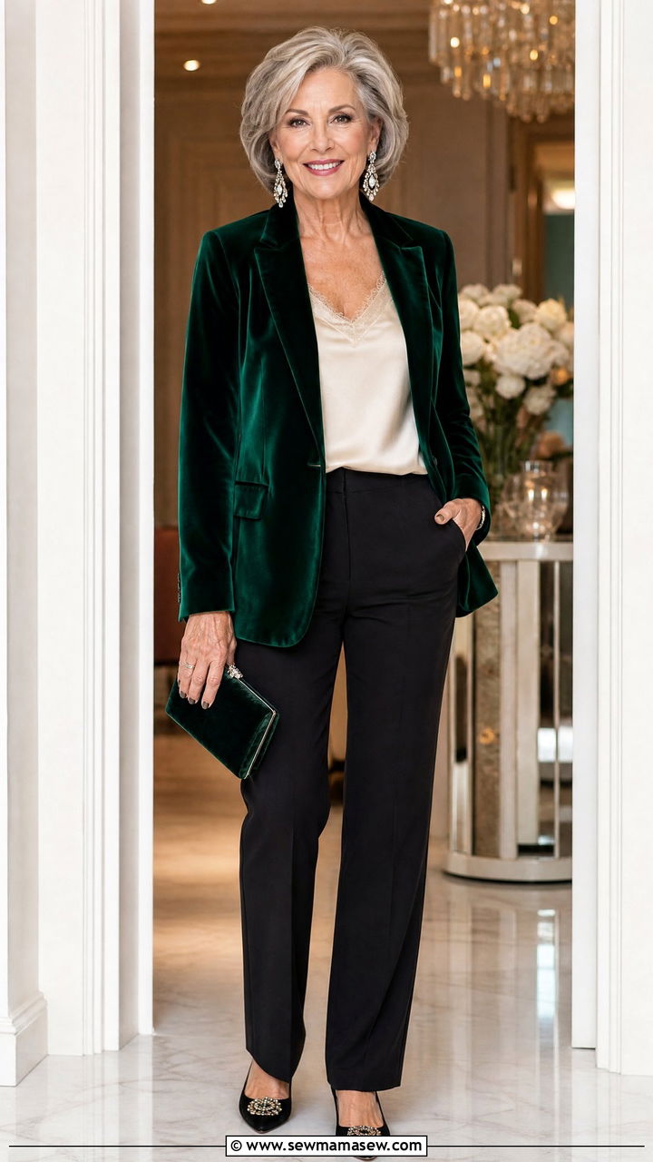 Velvet Blazer with Silk Camisole and Trousers - 20 Quiet luxury outfit ideas for women over 60