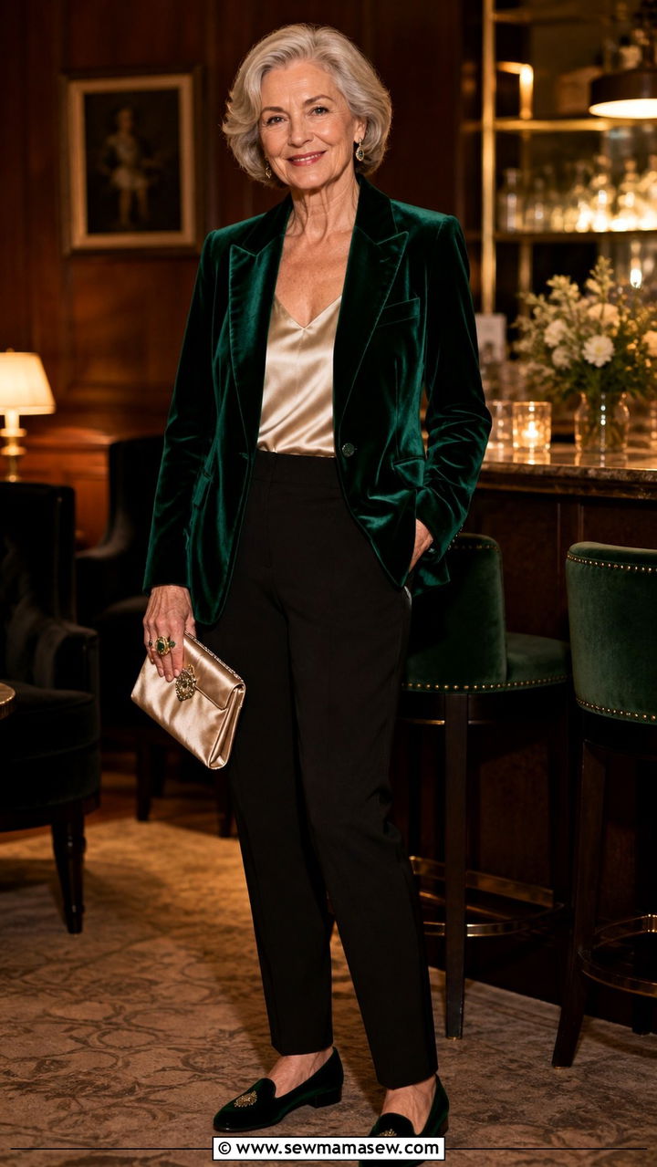 Velvet Blazer with Silk Shell and Black Trousers - 20 70 year old woman outfit ideas