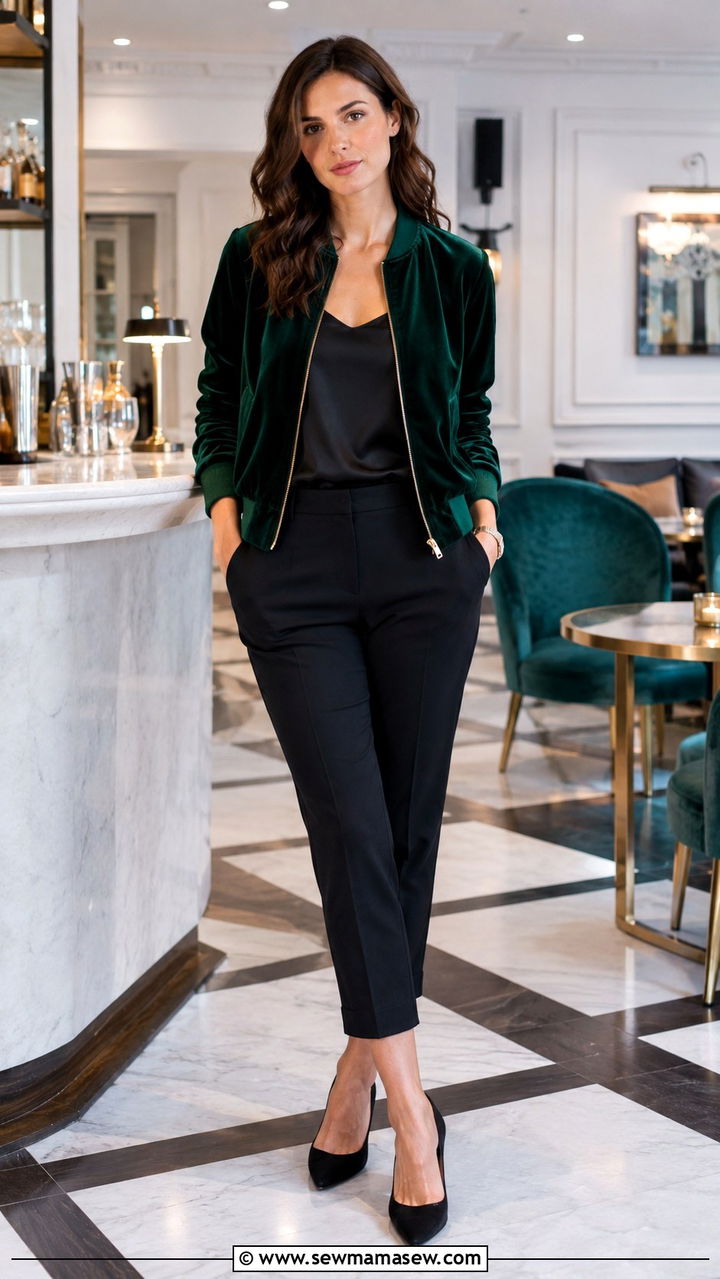 Velvet Bomber Jacket With Tailored Trousers - 25 bomber jacket outfits for women over 40