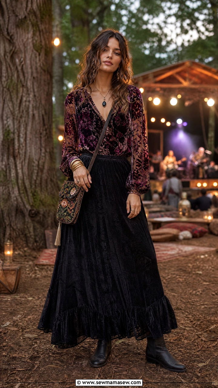 Velvet Burnout Top And Flared Maxi Skirt Outfit - 25 Firefly Festival outfit ideas