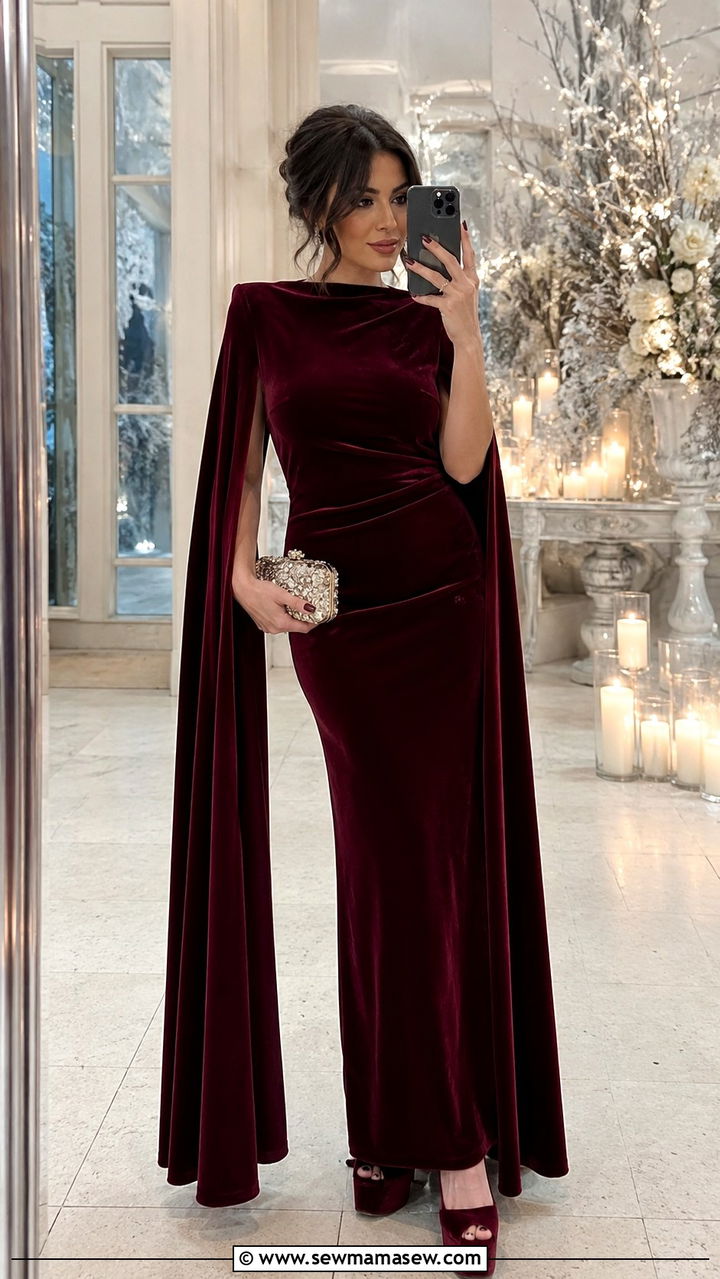 Velvet Cape Sleeve Maxi Dress - 20 Wedding guest outfit ideas with cape sleeves