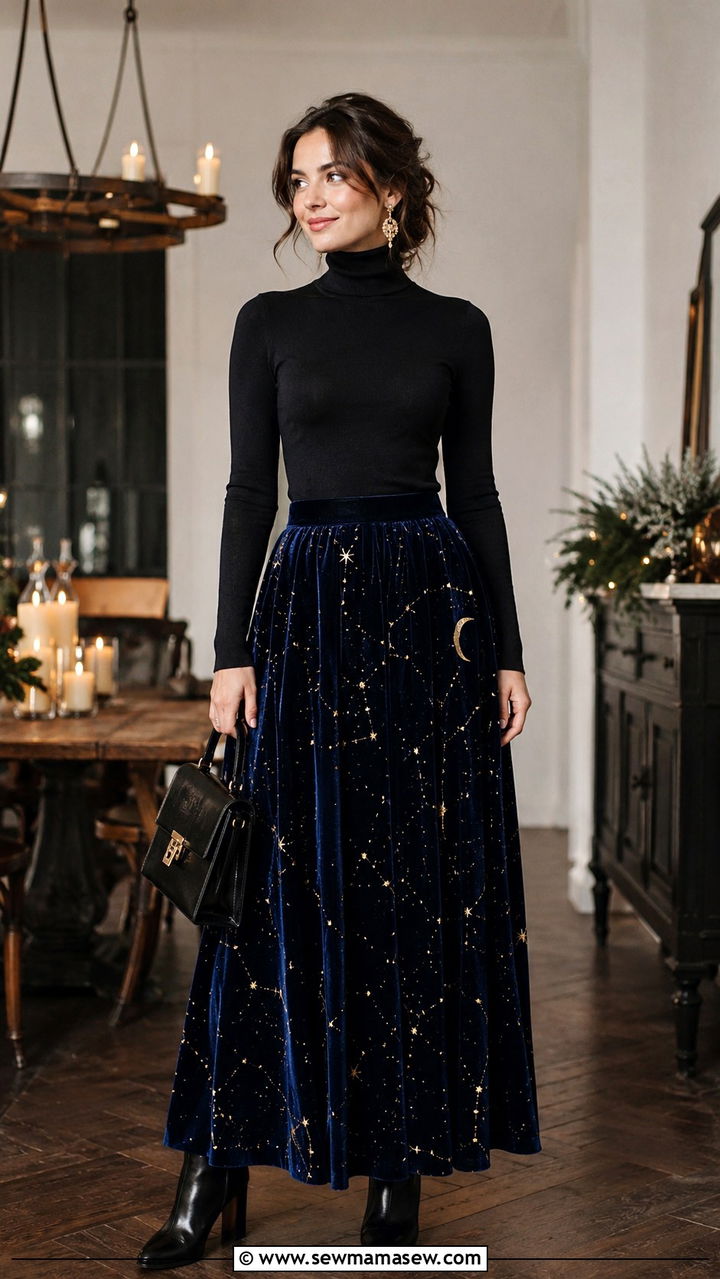 Velvet Celestial Maxi Skirt With Black Turtleneck - 30 celestial outfits 2026
