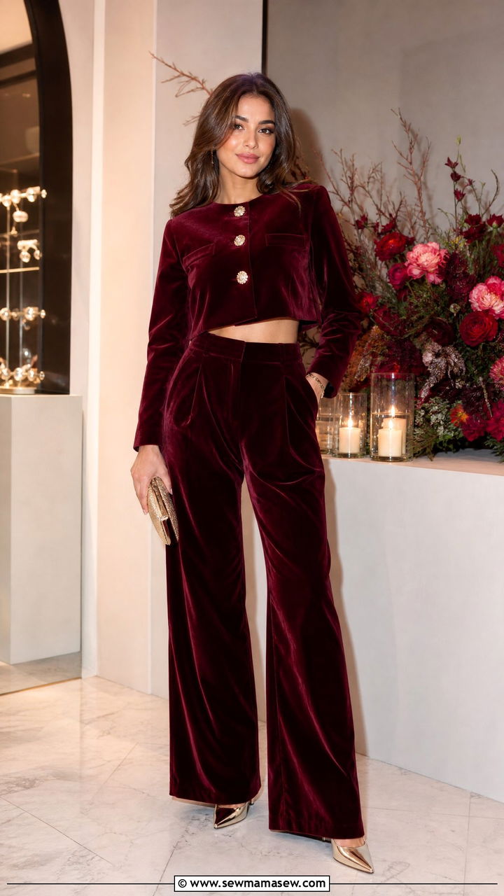 Velvet Co Ord Set With Wide Leg Trousers Outfit - 25 Launch party outfit ideas