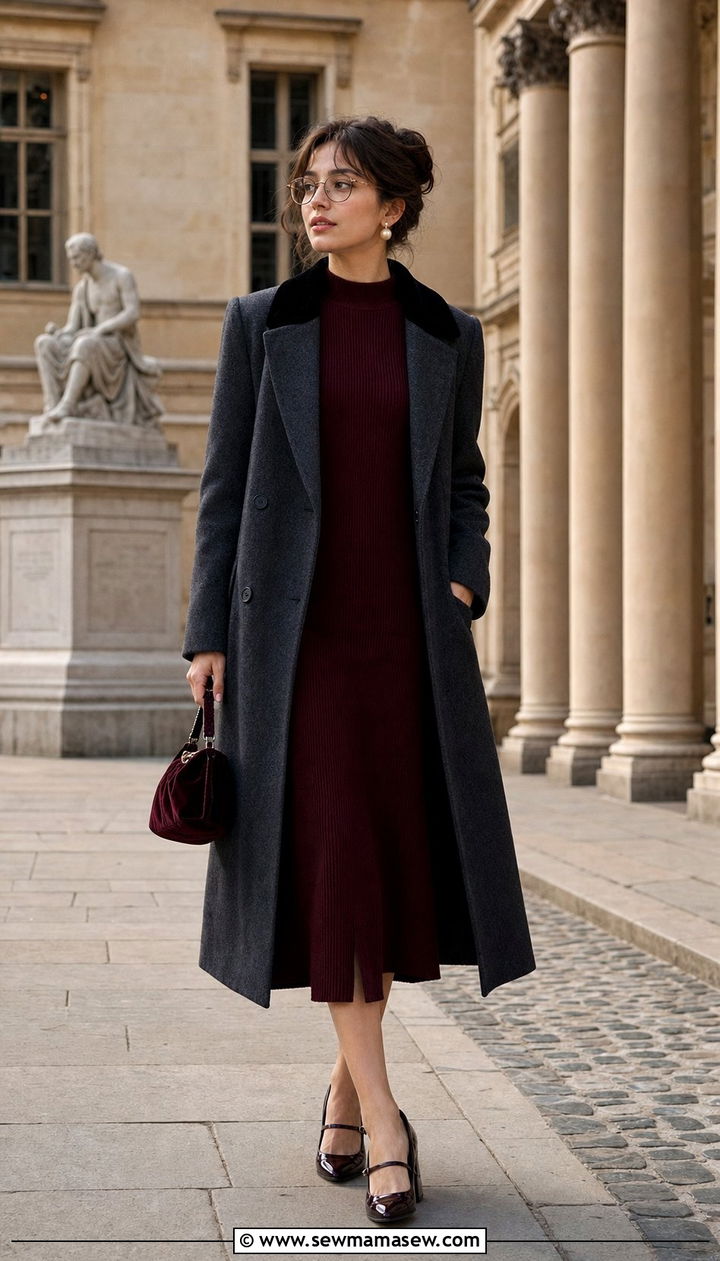 Velvet Collar Coat Over Midi Dress With Mary Janes - 25 cute librarian core outfits