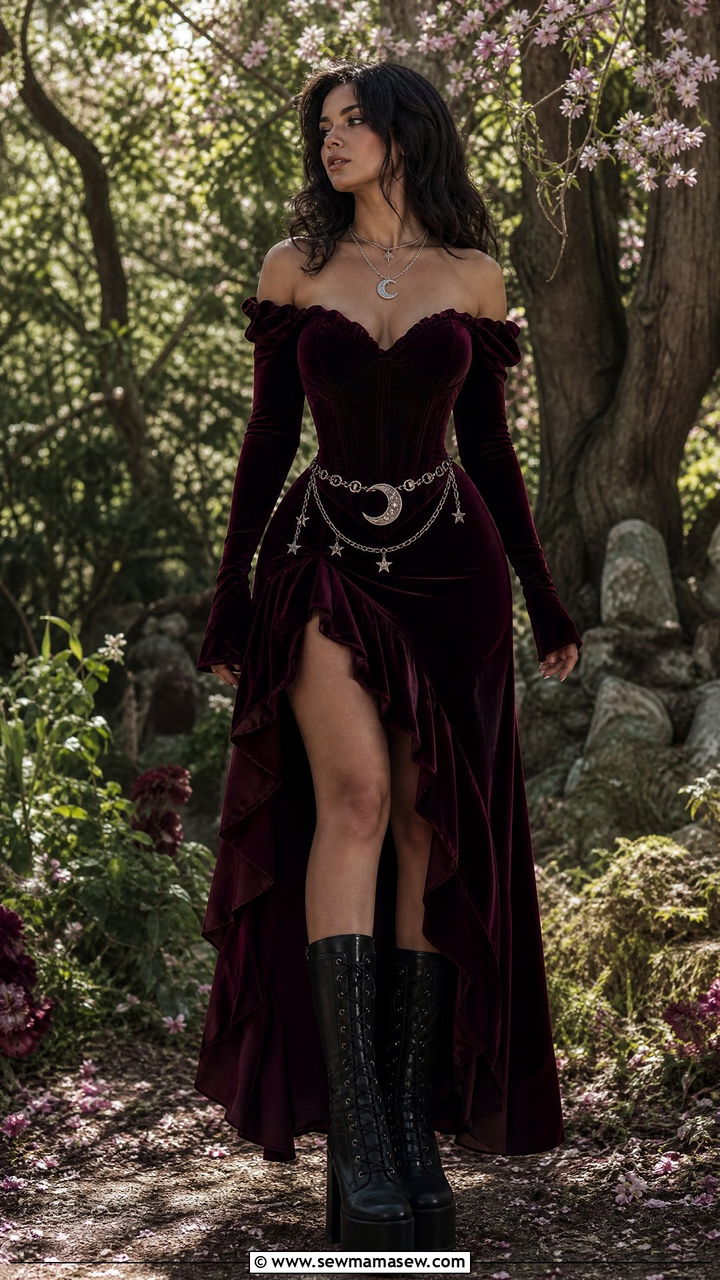 Velvet Corset Dress With Celestial Moon Belt - 30 Dark romance outfit ideas