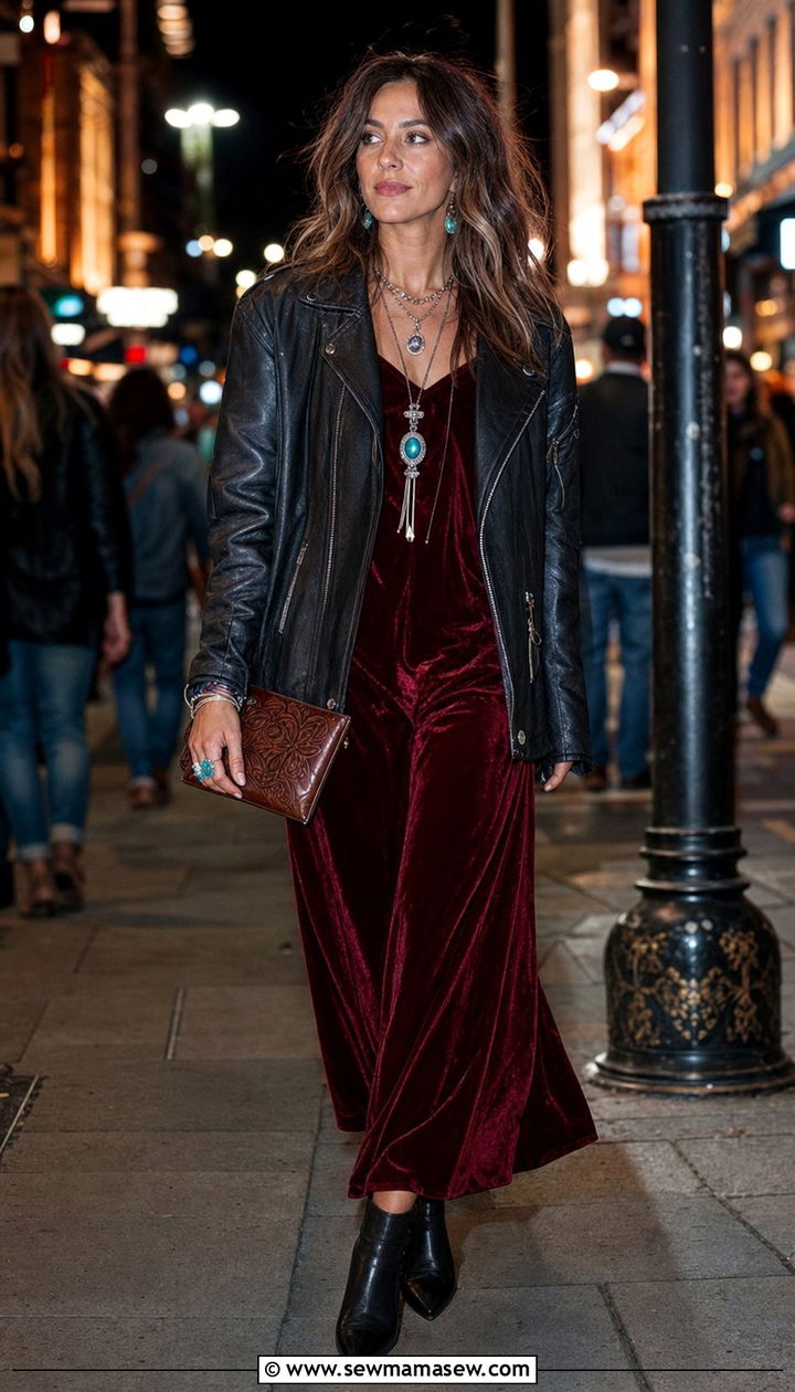 Velvet Dress And Leather Jacket Outfit - 35 boho outfit ideas for women
