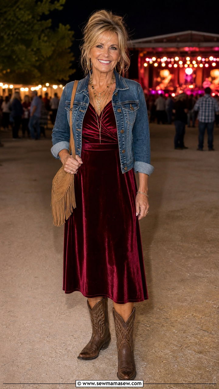 Velvet Dress With Cowboy Boots Outfit - 30 Concert outfit ideas for women over 50