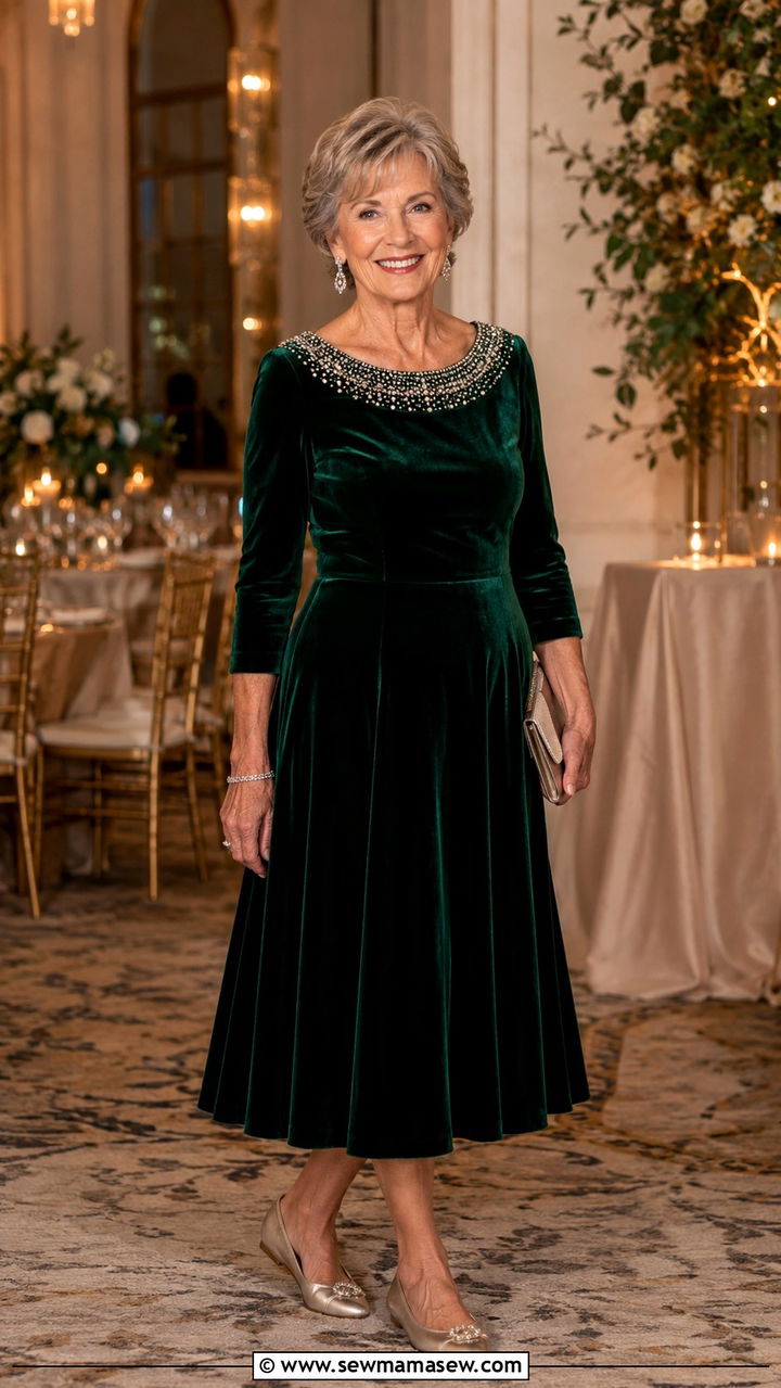 Velvet Dress With Embellished Neckline For Wedding Guest - 20 Wedding guest outfit ideas for 70 year old