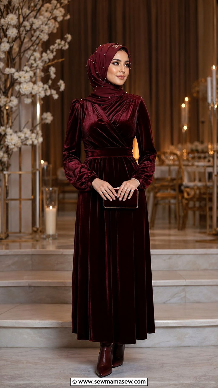 Velvet Dress With Pearl Hijab - 30 Modest wedding guest outfit ideas with hijab