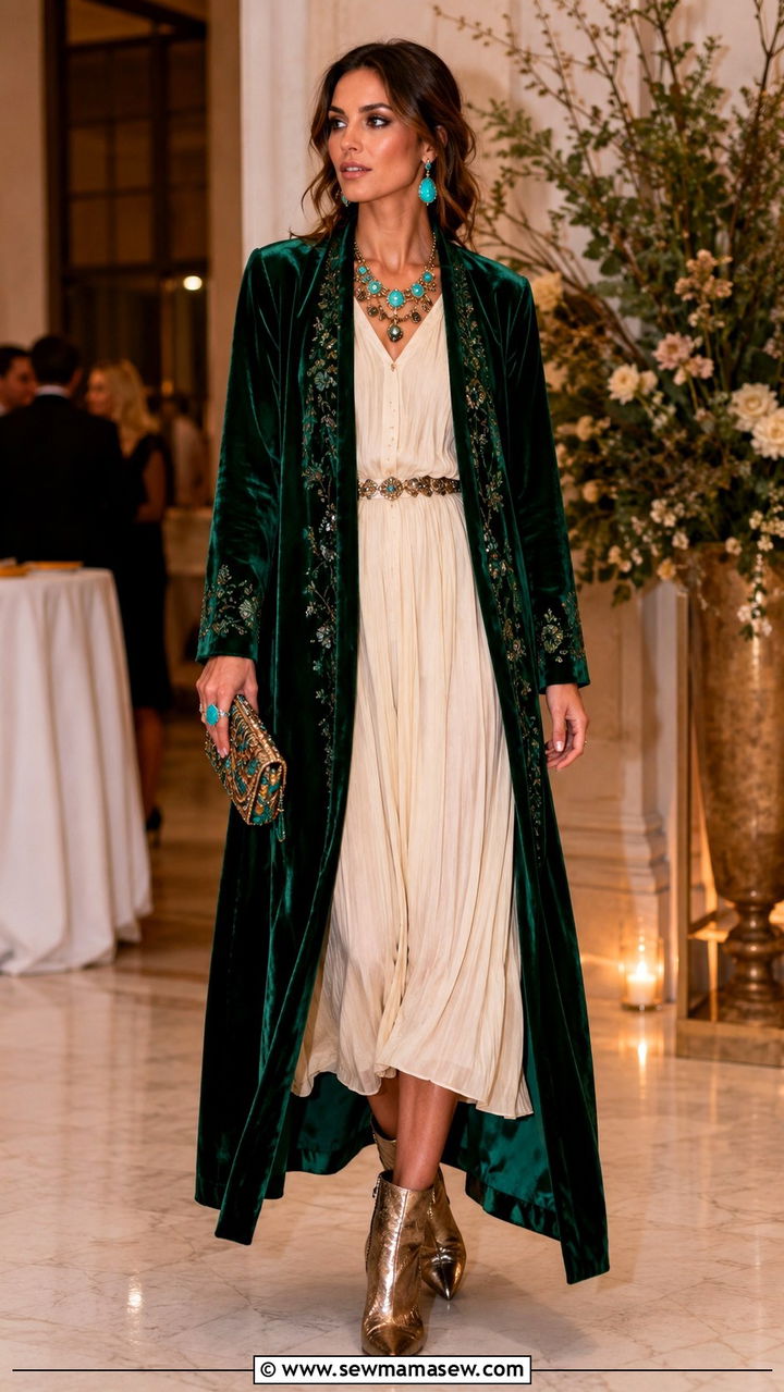 Velvet Duster Coat with a Neutral Dress and Bold Turquoise Jewelry - 25 Boho outfit ideas with turquoise jewelry