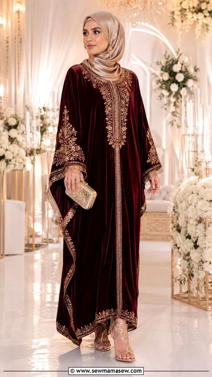 Velvet Embroidered Kaftan Outfit - 25 Wedding guest outfit ideas Muslim wedding